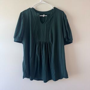 Anyally Dark Green Pleated Pintuck Short Sleeve Blouse Plus Size 2XL